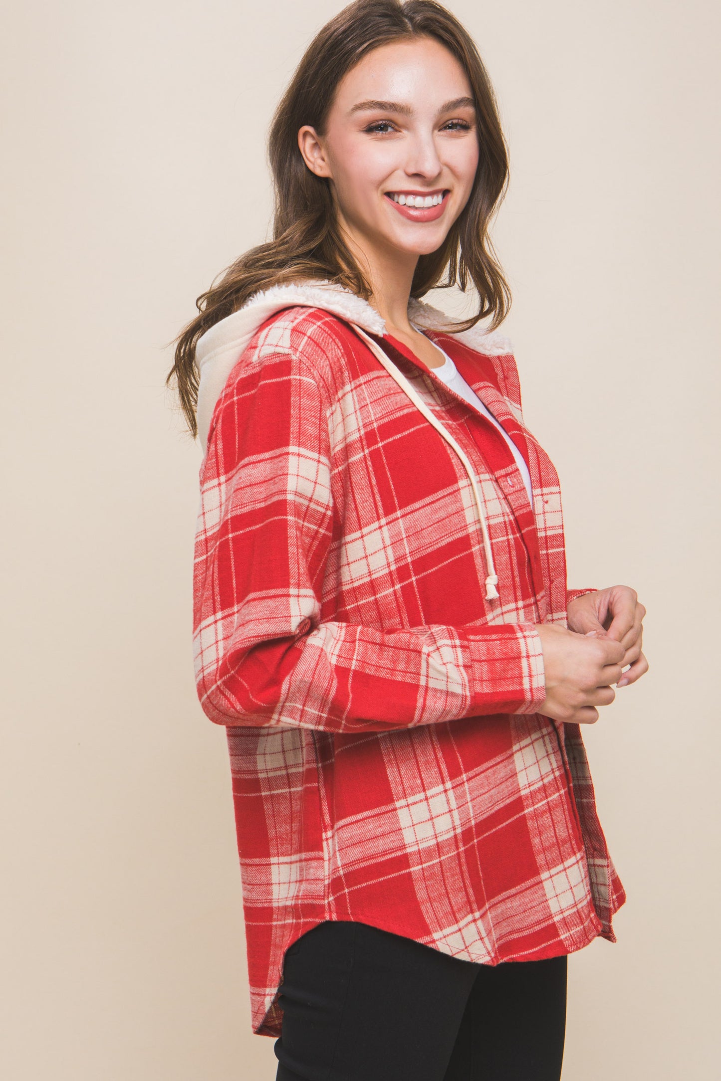 Plaid Flannel Button Up Shacket with Hood- RED