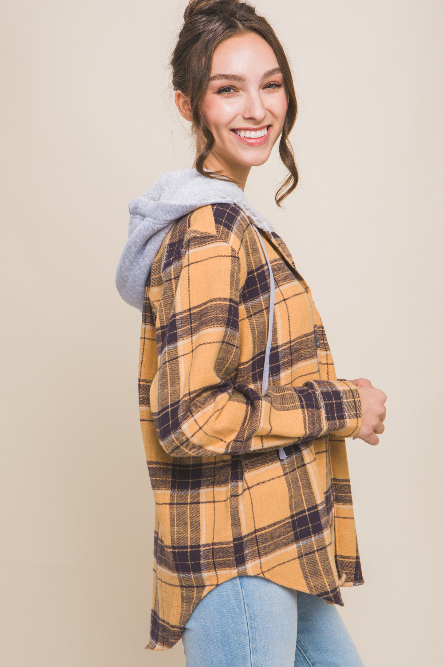 SAFFRON-Plaid Flannel Button Up Shacket with Hood