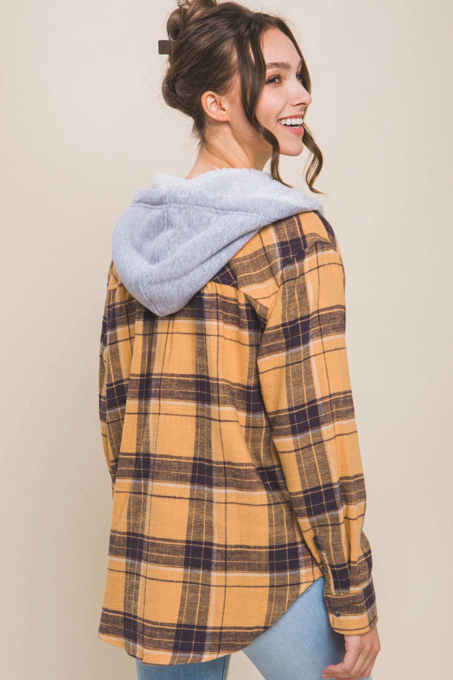 SAFFRON-Plaid Flannel Button Up Shacket with Hood