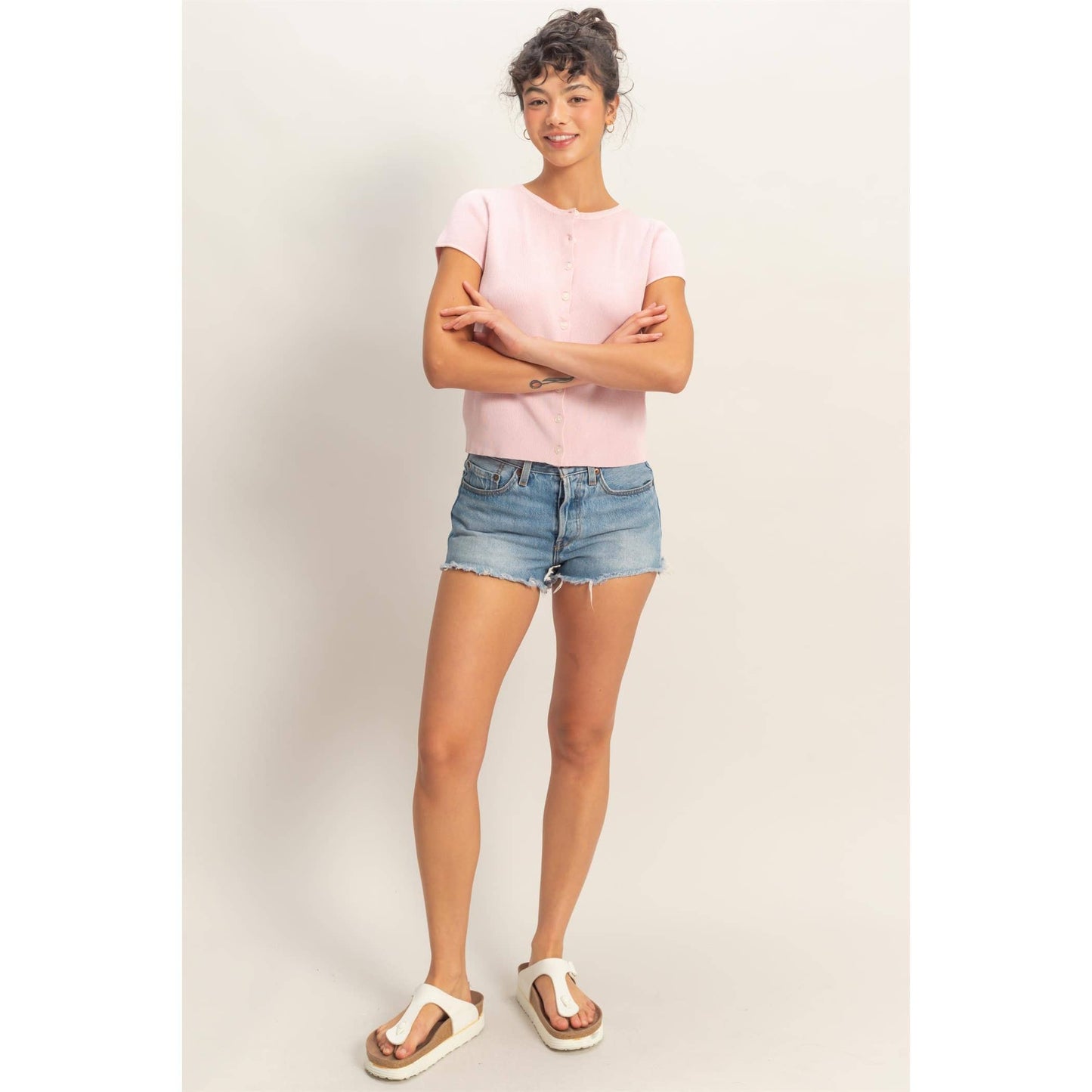 Button Front Short Sleeve Knit Top