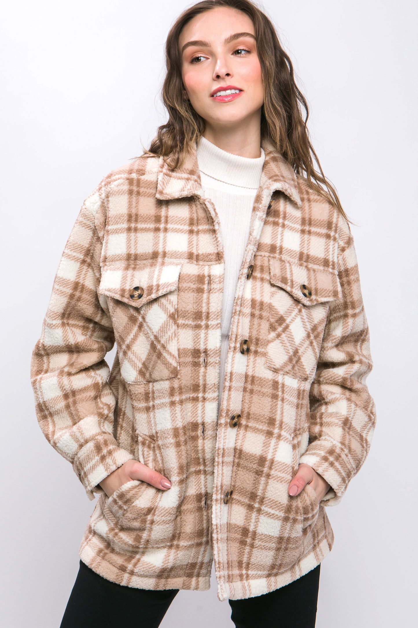 Sherpa Fleece Plaid Jacket- KHAKI