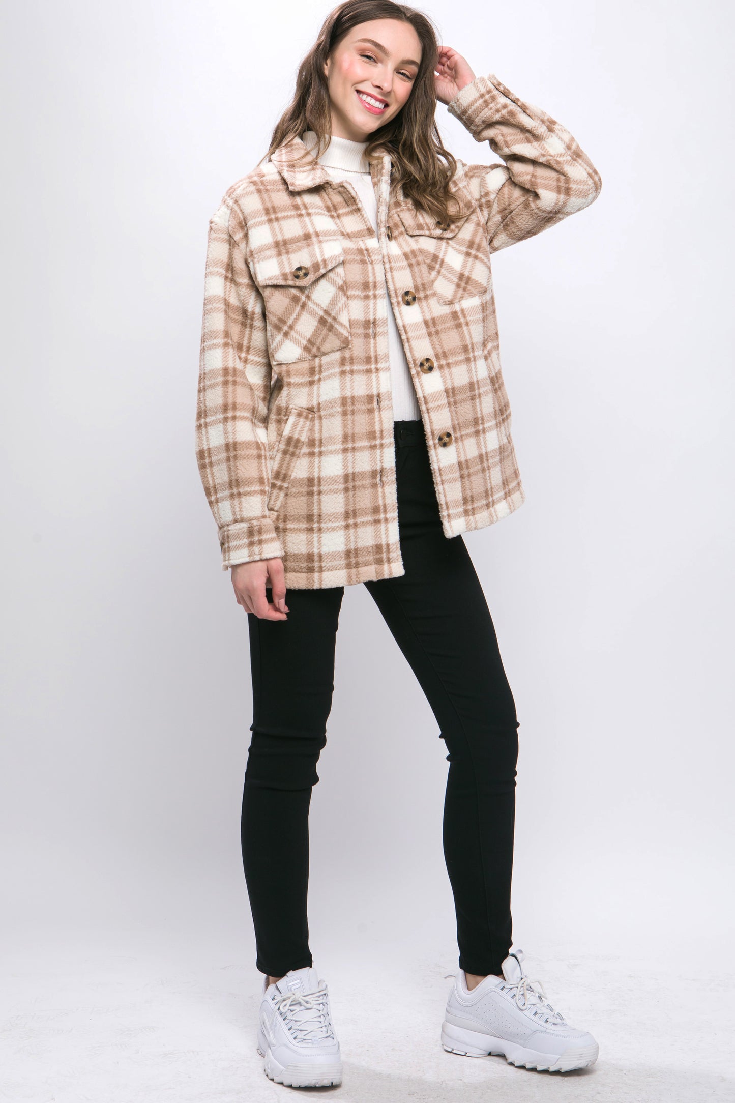 Sherpa Fleece Plaid Jacket- KHAKI