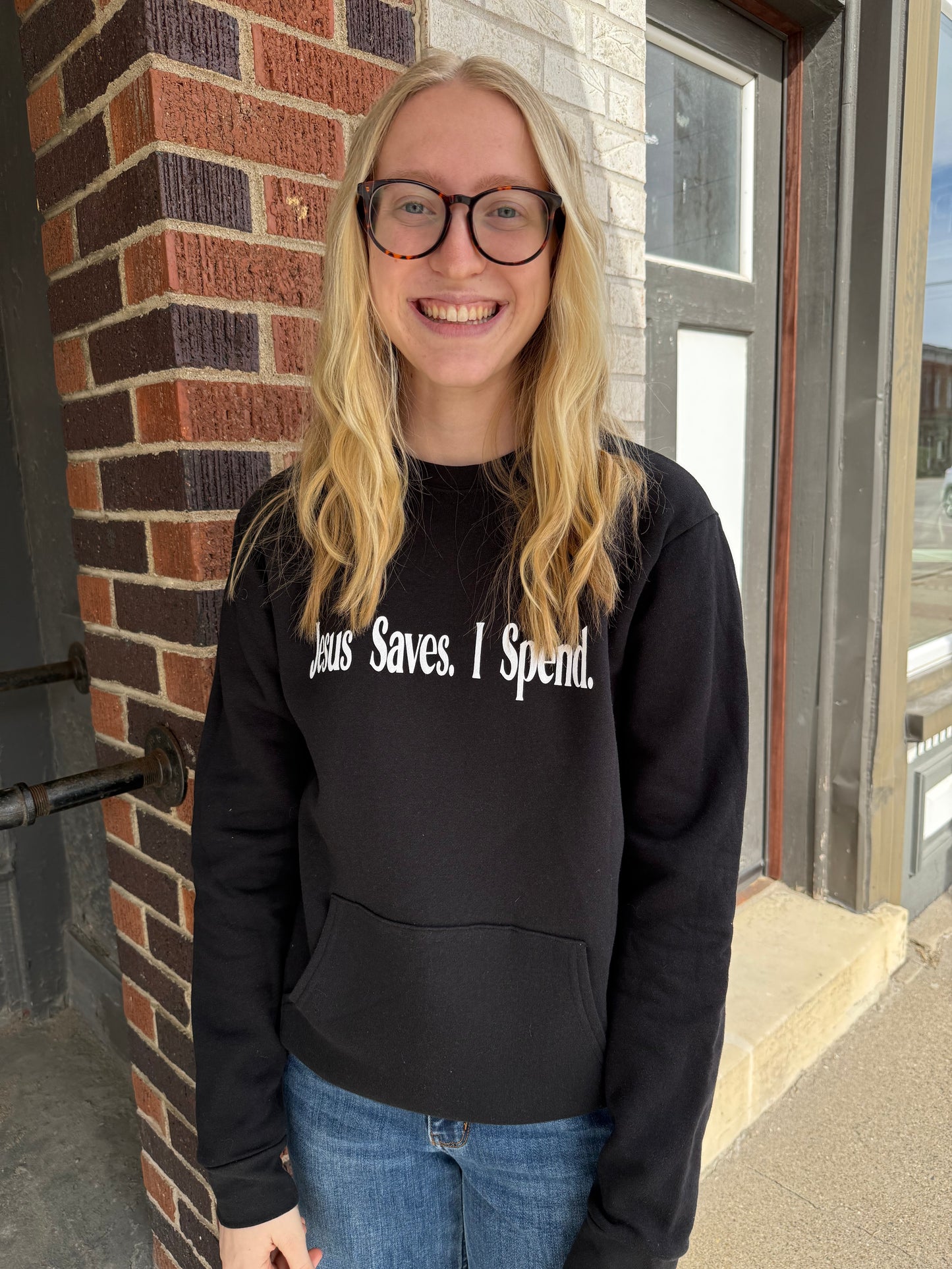 Jesus Saves I Spend Crewneck Pocket