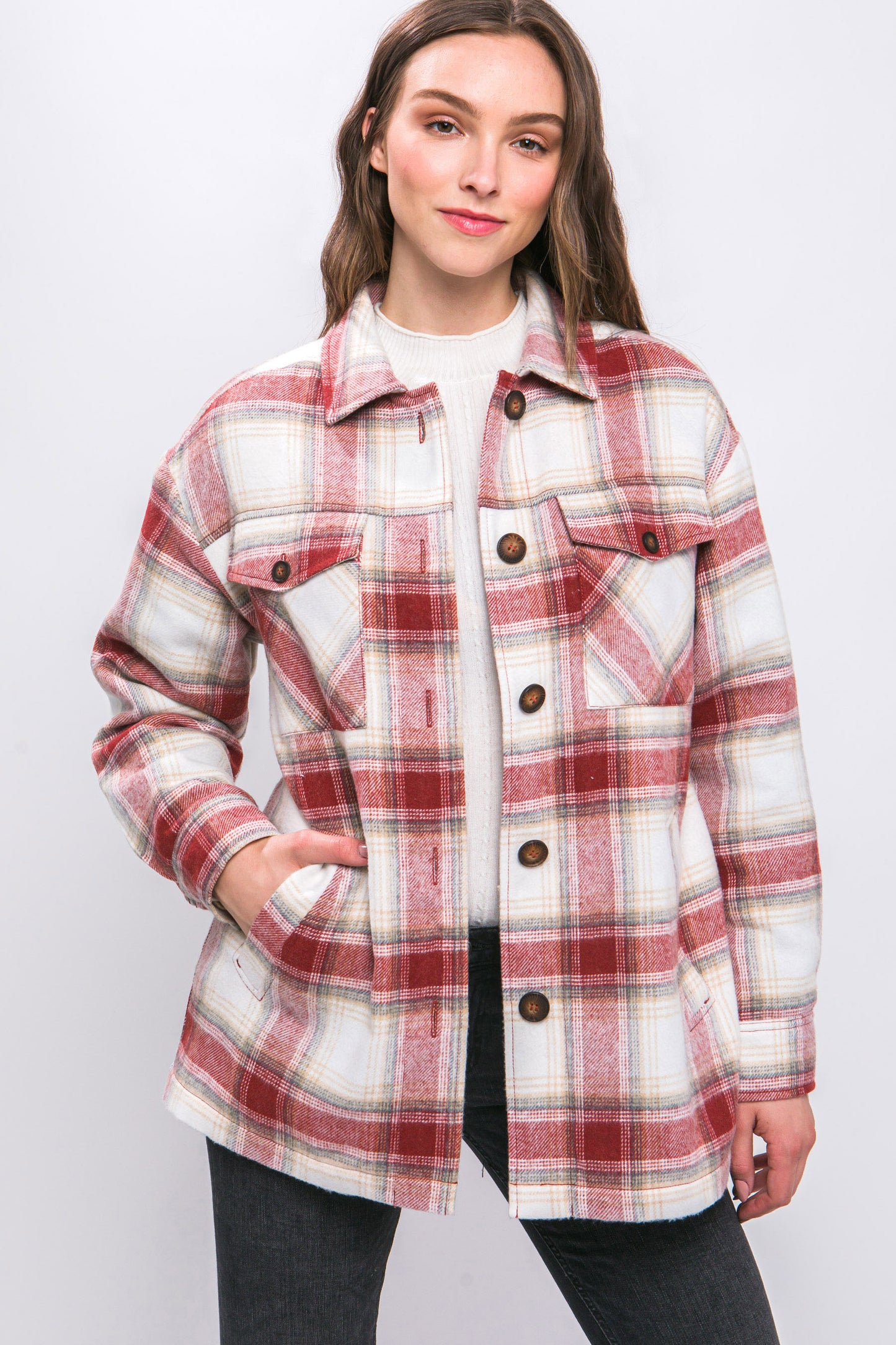 TERRA COTTA-Plaid Button Up Jacket with Sherpa Lining
