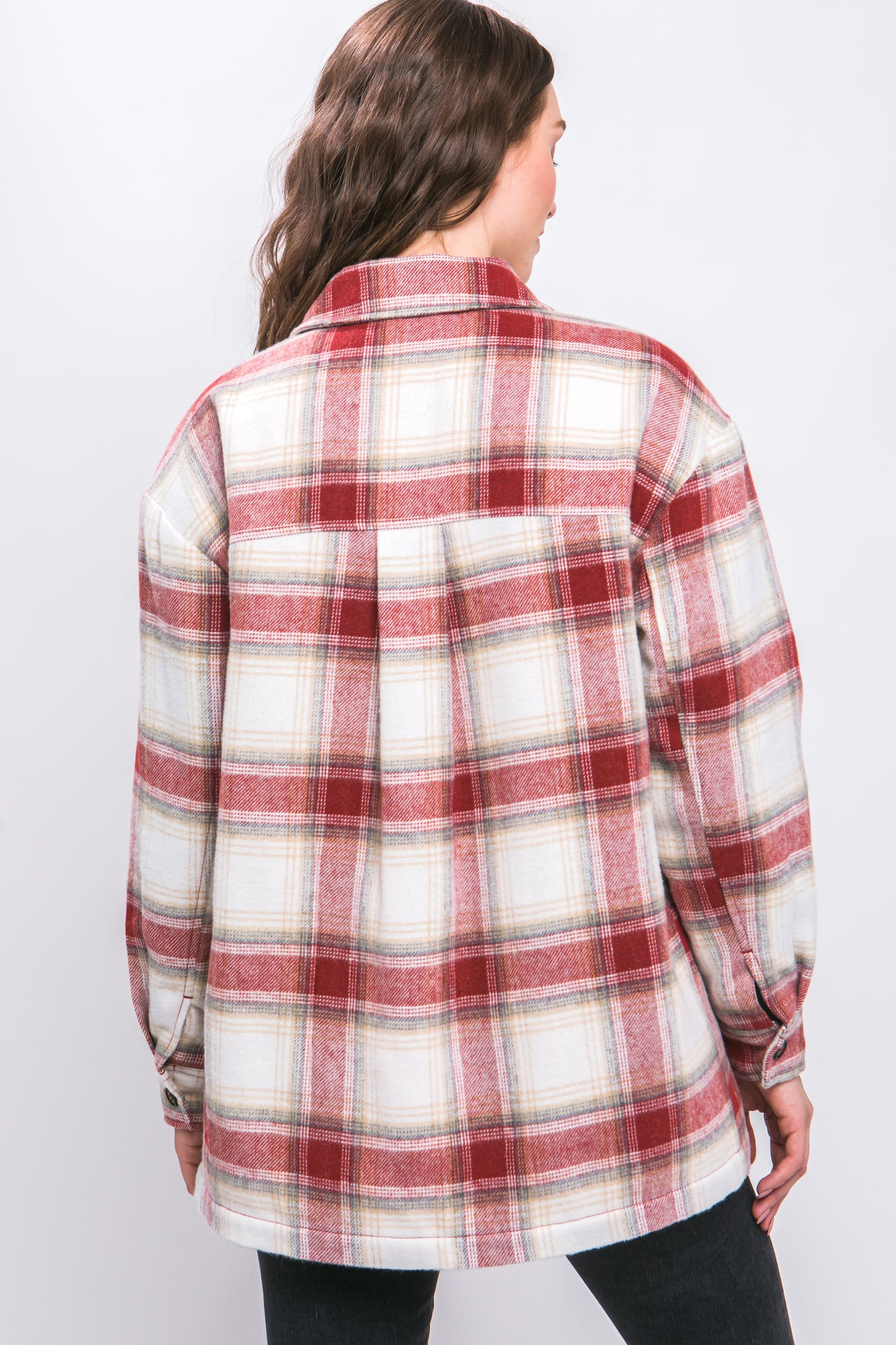 TERRA COTTA-Plaid Button Up Jacket with Sherpa Lining