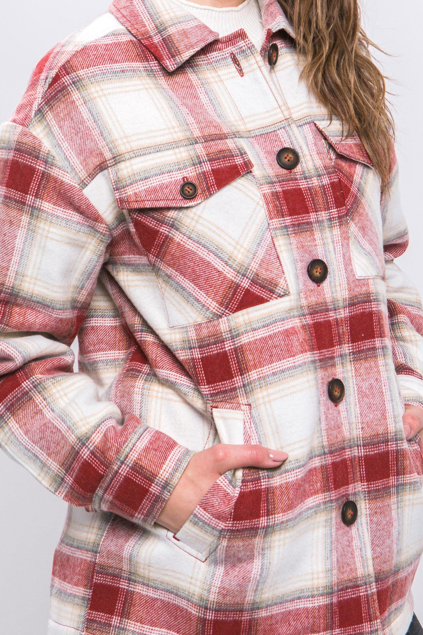 TERRA COTTA-Plaid Button Up Jacket with Sherpa Lining