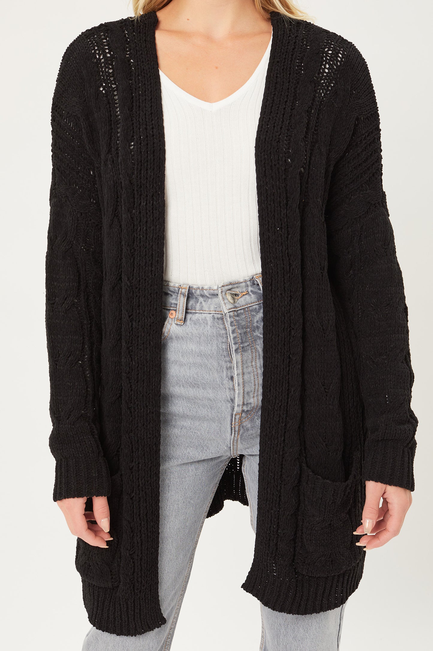 BLACK- Chenille Cable Knit Oversized Cardigan