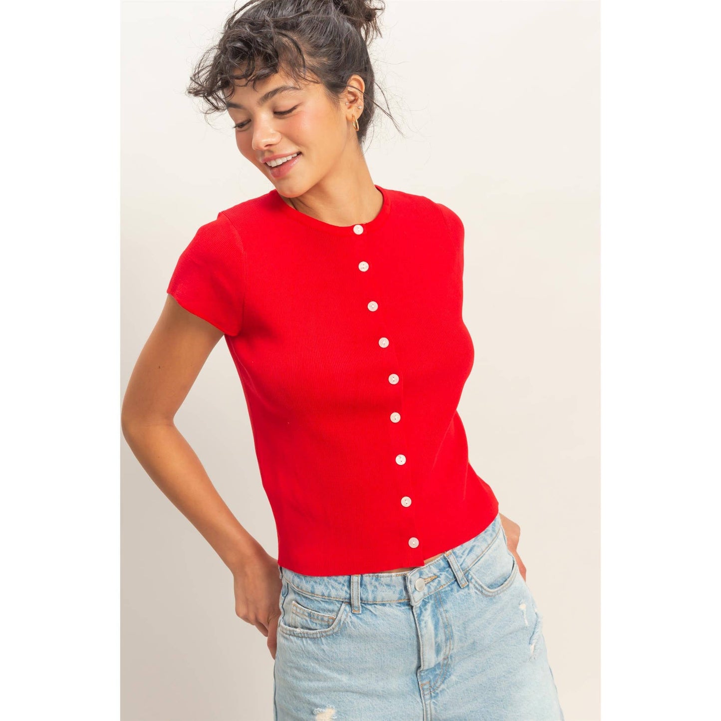 Button Front Short Sleeve Knit Top