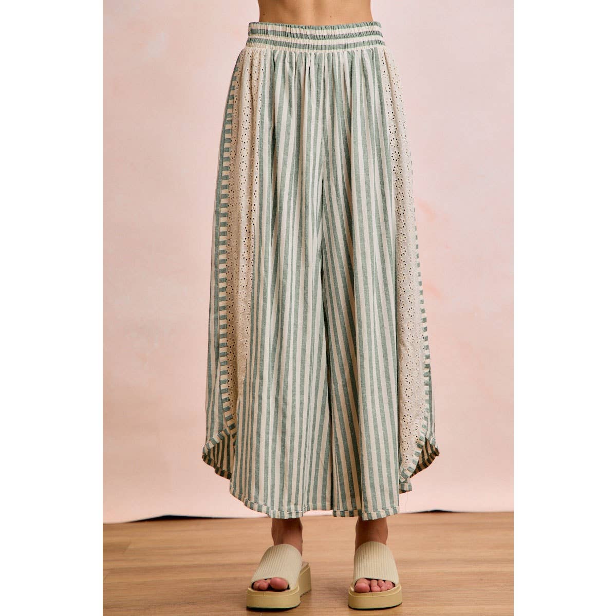 FLORAL EYELET SIDE STRIPED WIDE LEG PANT