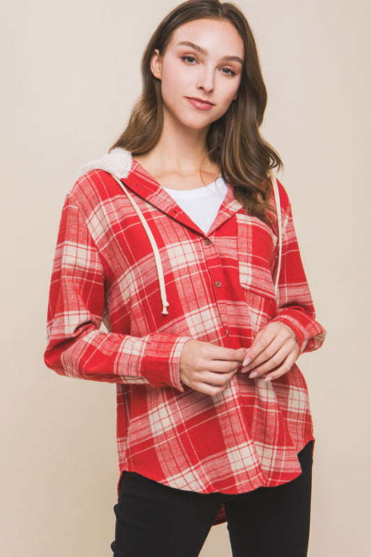 Plaid Flannel Button Up Shacket with Hood- RED