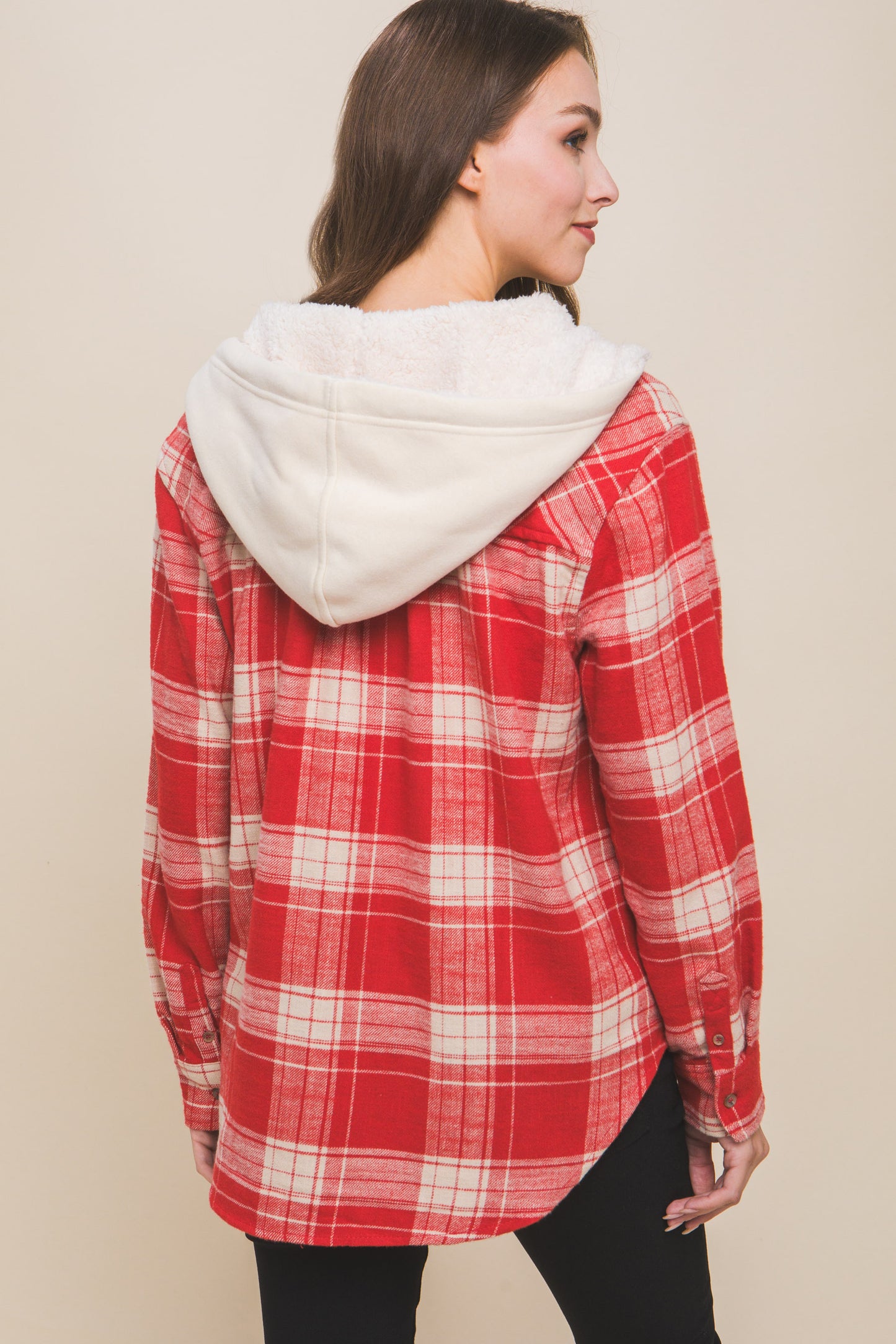 Plaid Flannel Button Up Shacket with Hood- RED