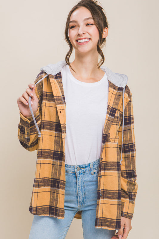 SAFFRON-Plaid Flannel Button Up Shacket with Hood