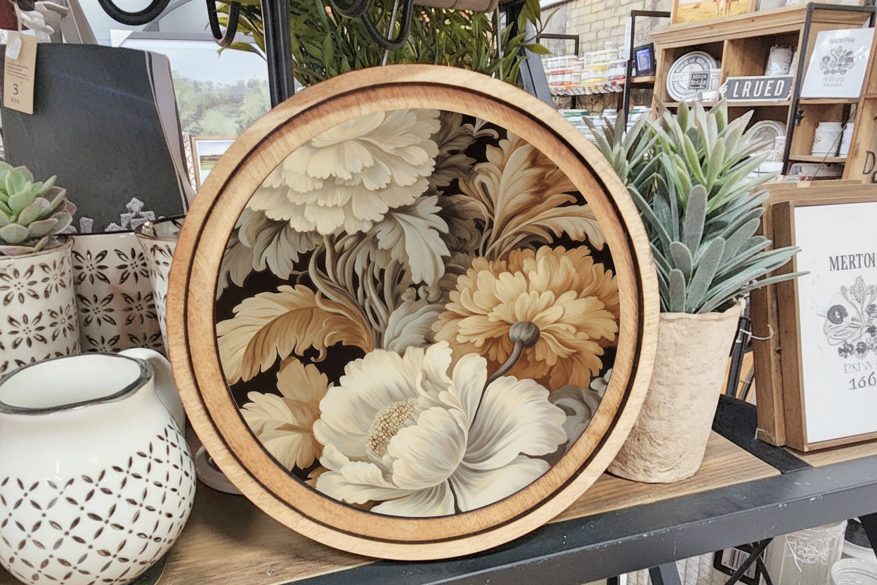 8" Round Floral Neutral Art