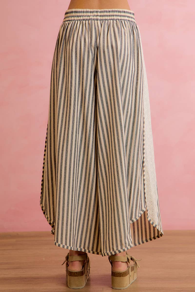 FLORAL EYELET SIDE STRIPED WIDE LEG PANT