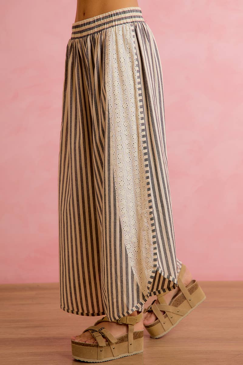 FLORAL EYELET SIDE STRIPED WIDE LEG PANT