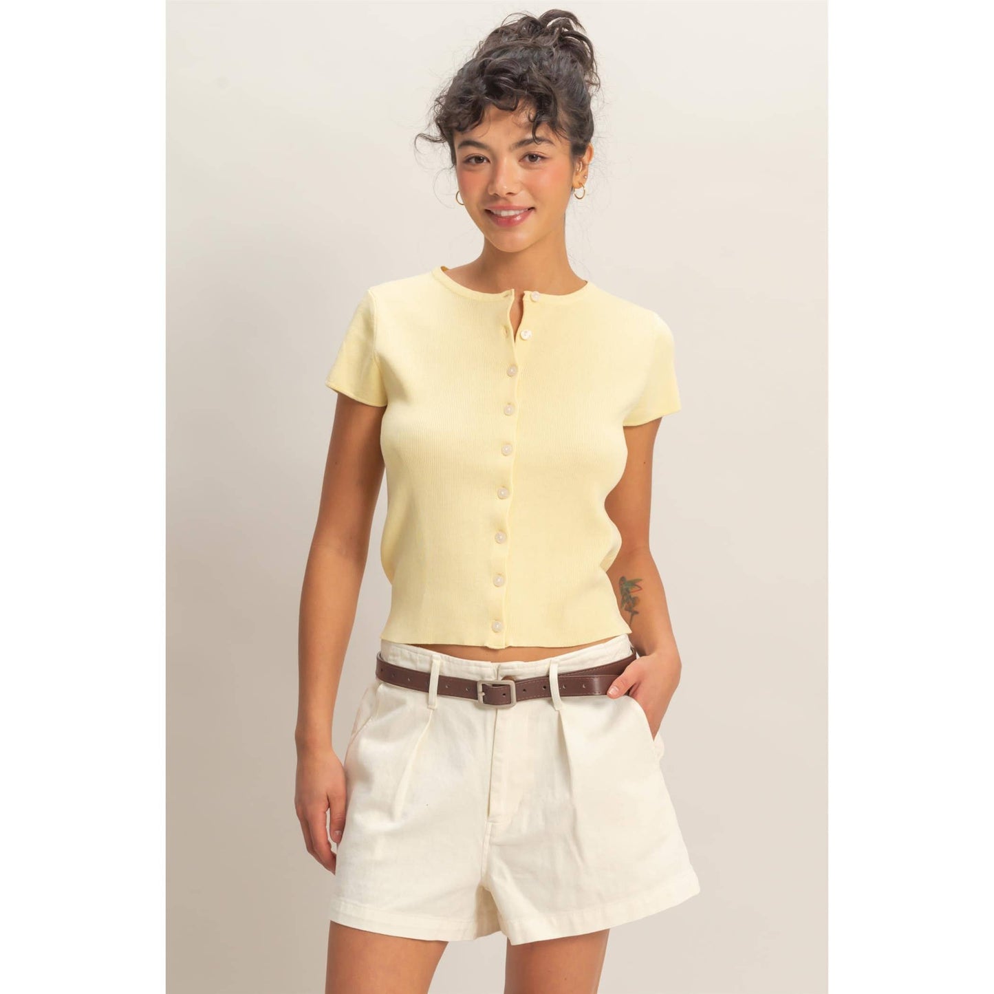 Button Front Short Sleeve Knit Top