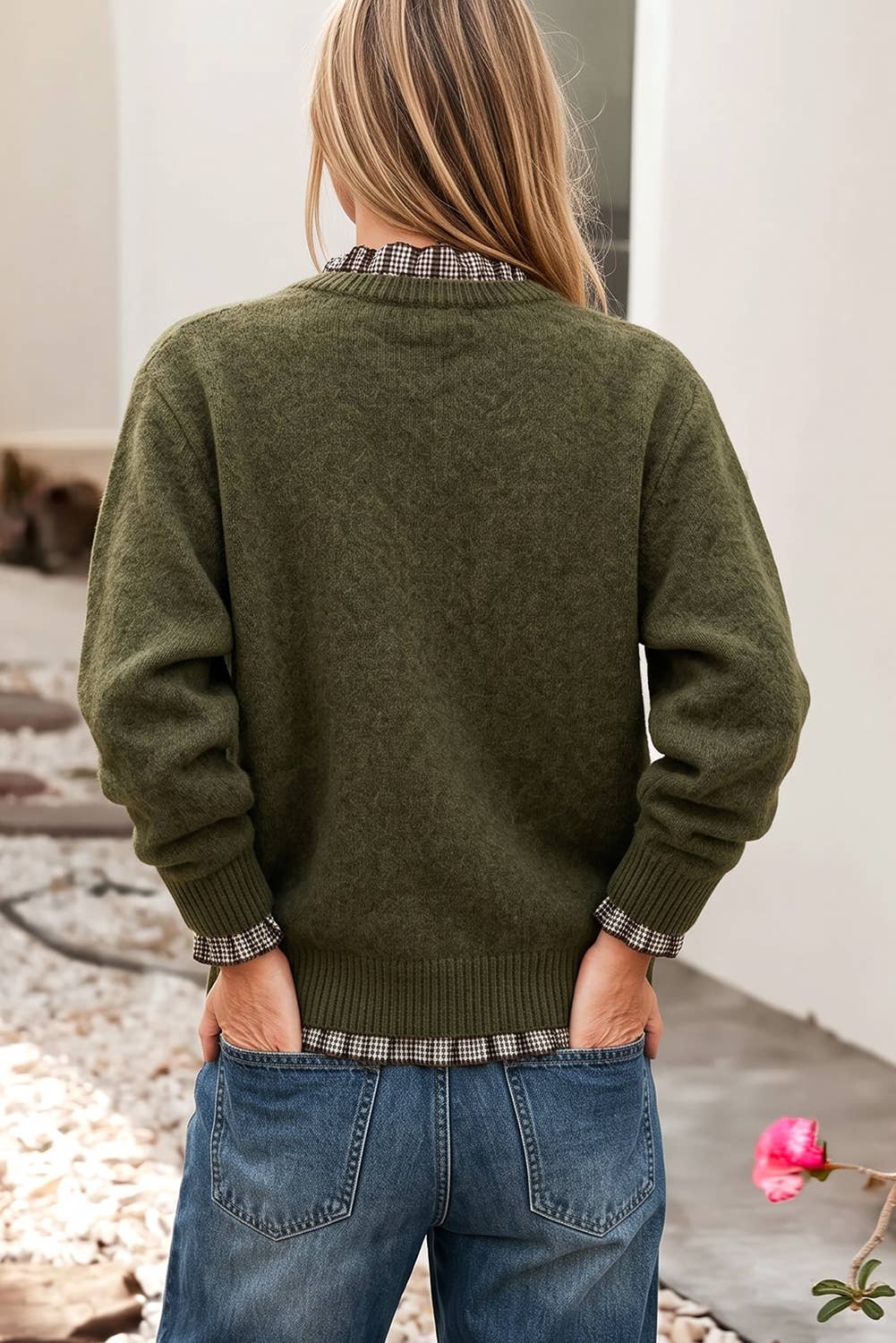 Contrast Plaid Ruffle Trim Sweater