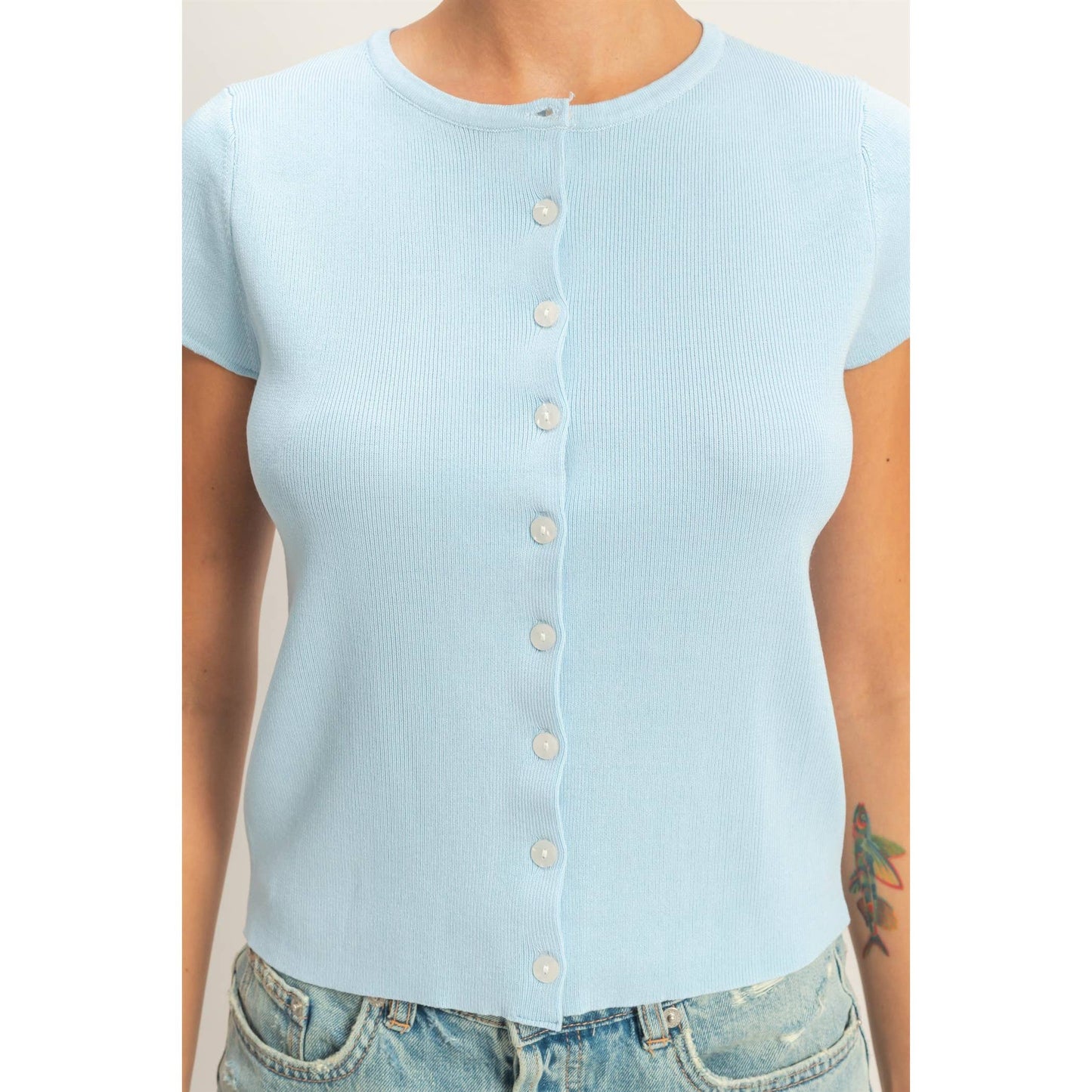 Button Front Short Sleeve Knit Top