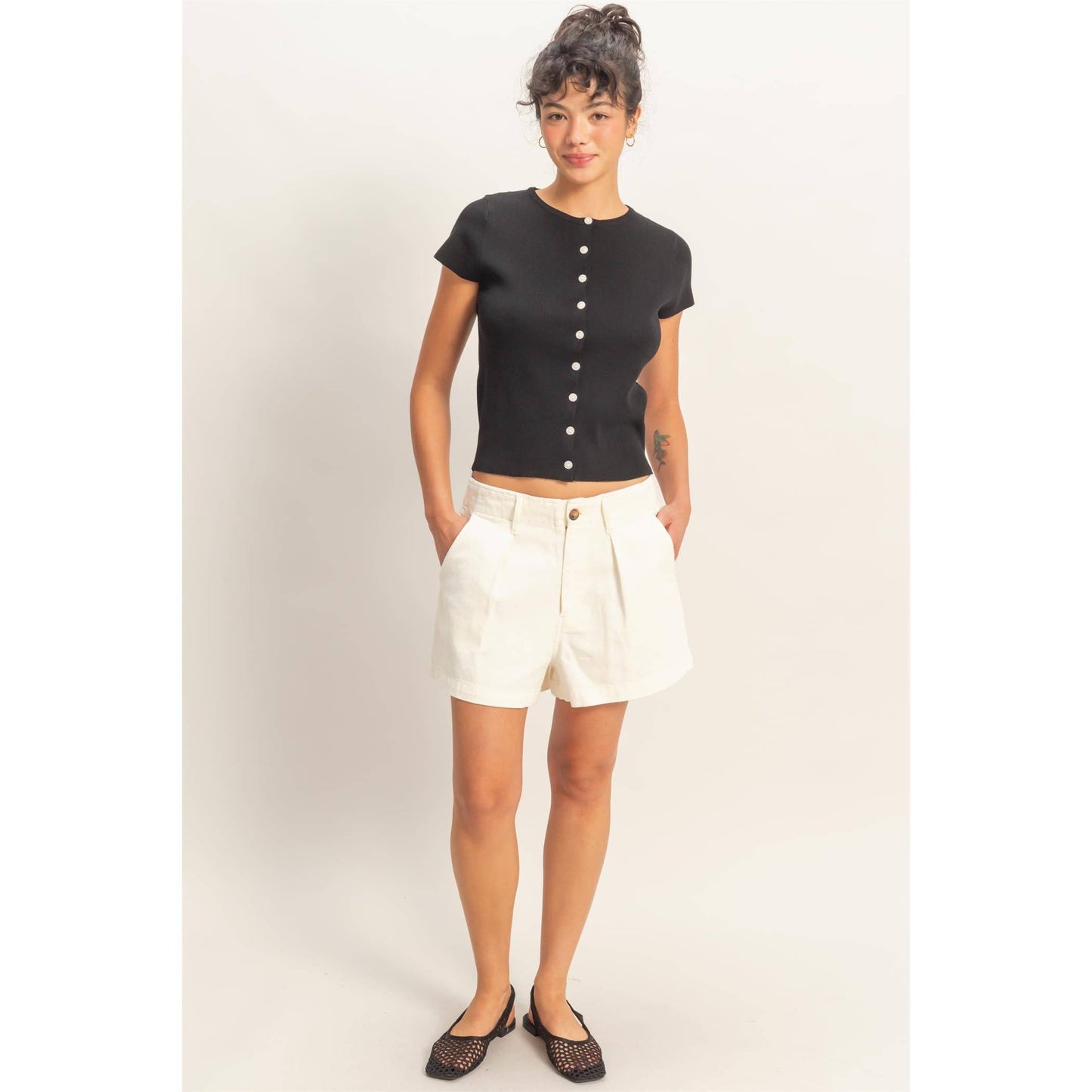 Button Front Short Sleeve Knit Top