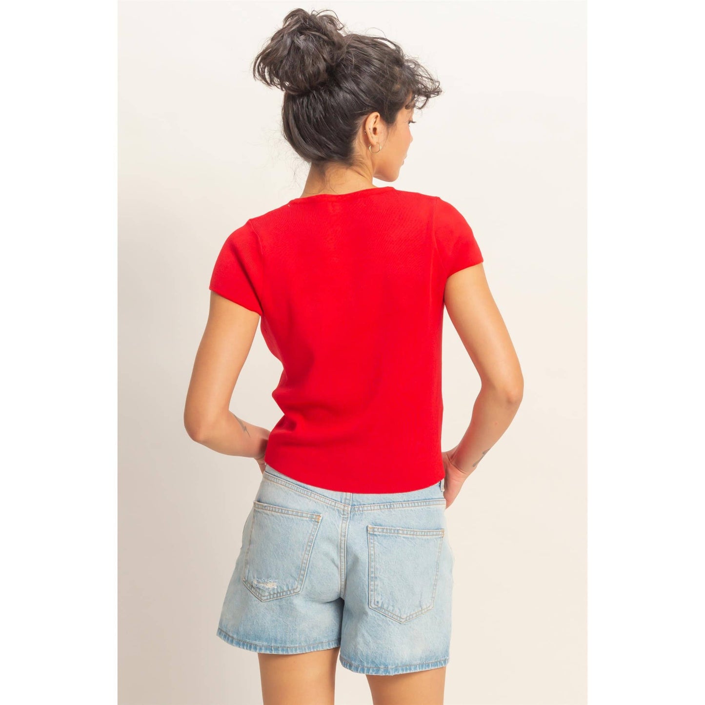 Button Front Short Sleeve Knit Top