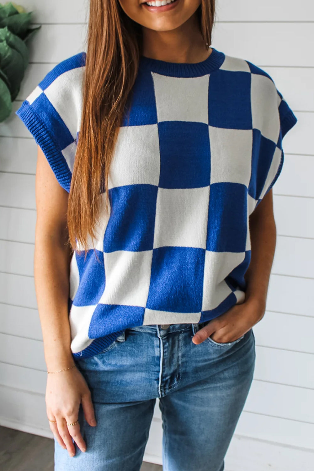 Blue Checkered Knit Top
