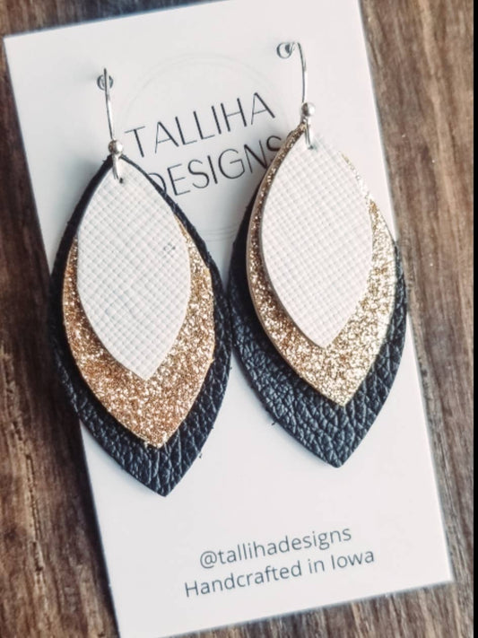 Black Gold & White Leaf Earrings