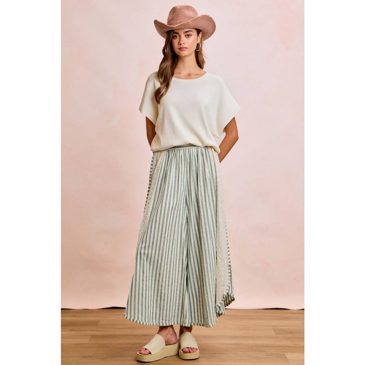 FLORAL EYELET SIDE STRIPED WIDE LEG PANT