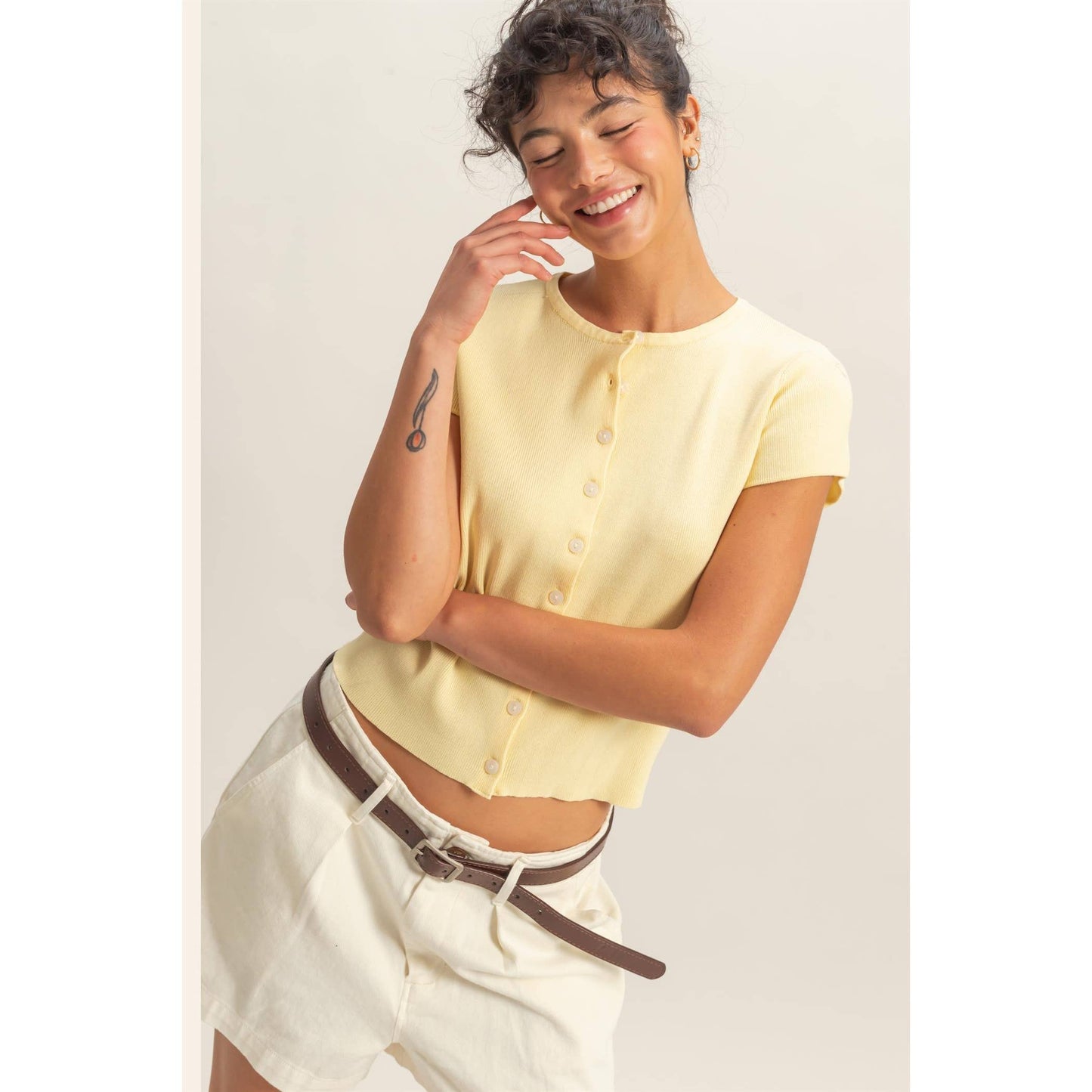 Button Front Short Sleeve Knit Top