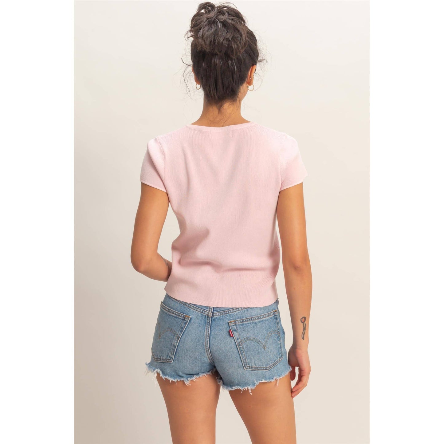 Button Front Short Sleeve Knit Top