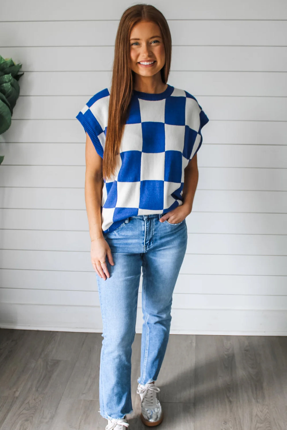 Blue Checkered Knit Top