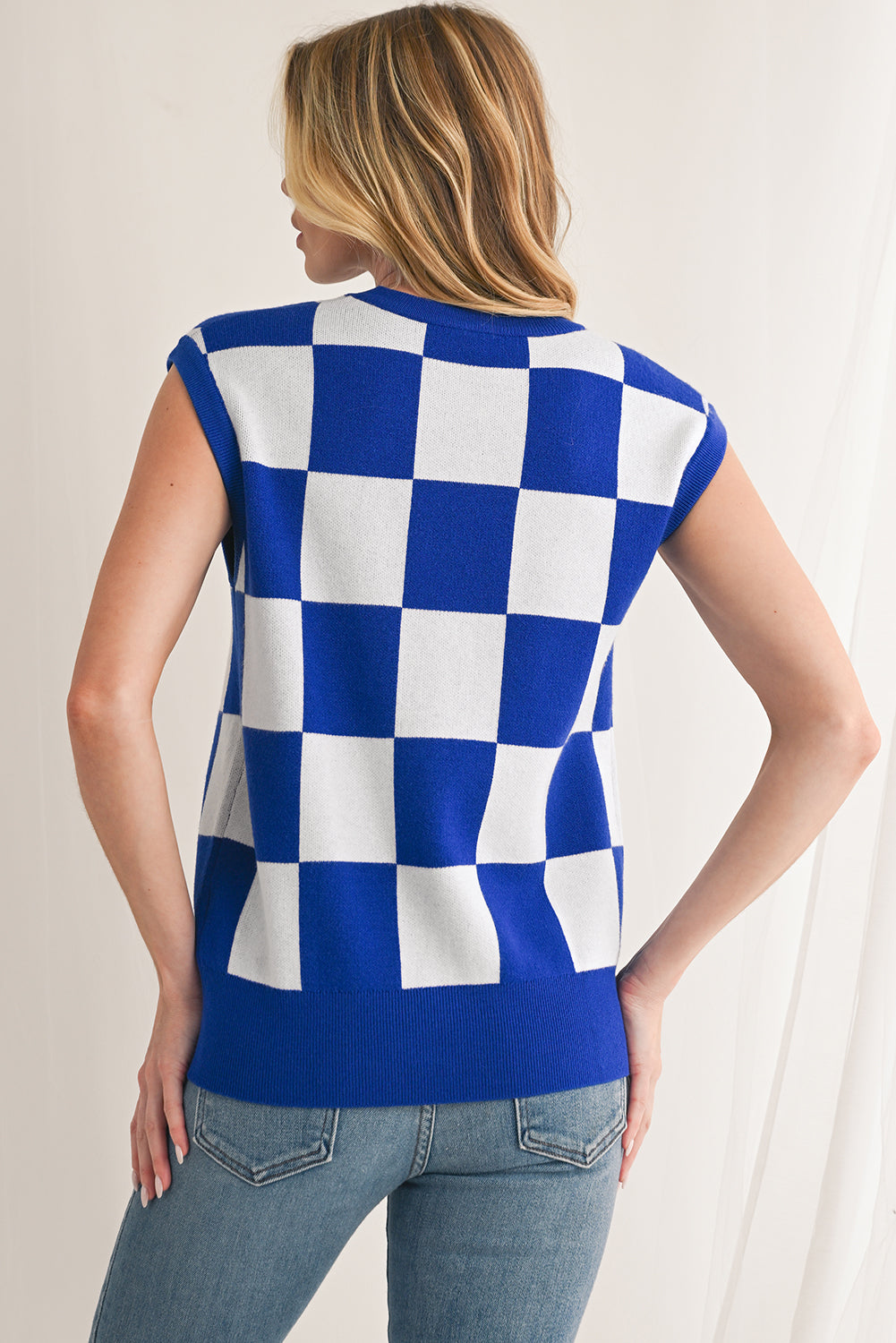Blue Checkered Knit Top