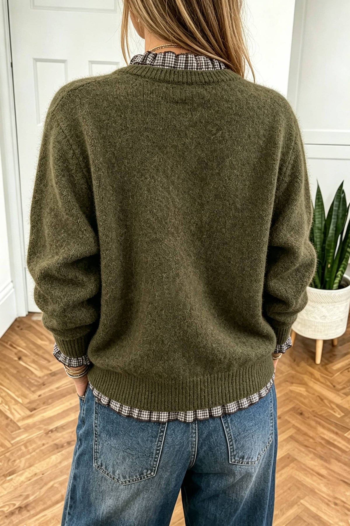 Contrast Plaid Ruffle Trim Sweater