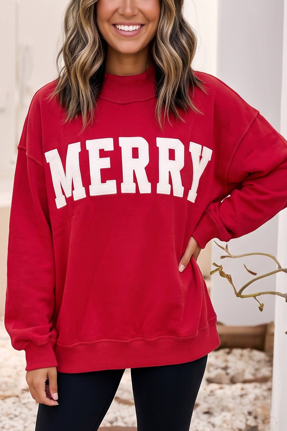 Merry Embroidered Mock Neck Sweatshirt