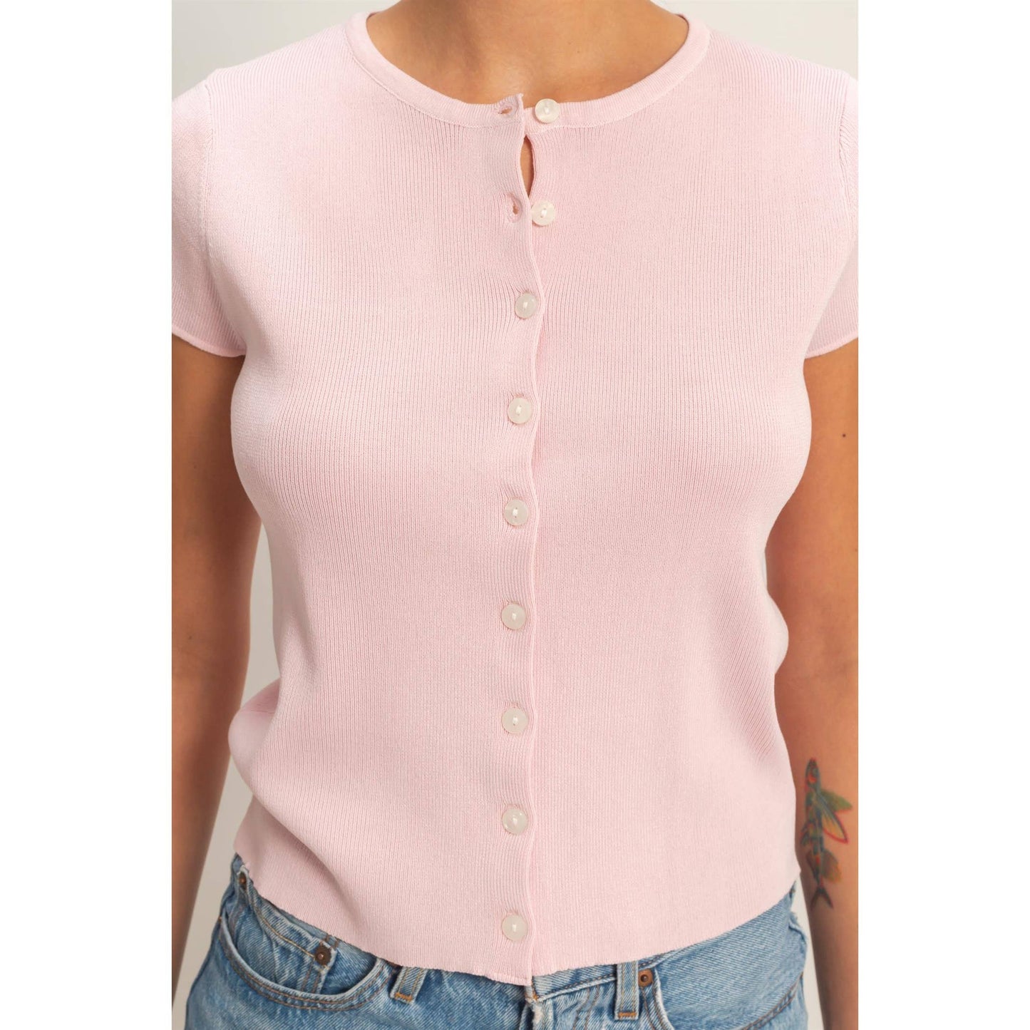 Button Front Short Sleeve Knit Top