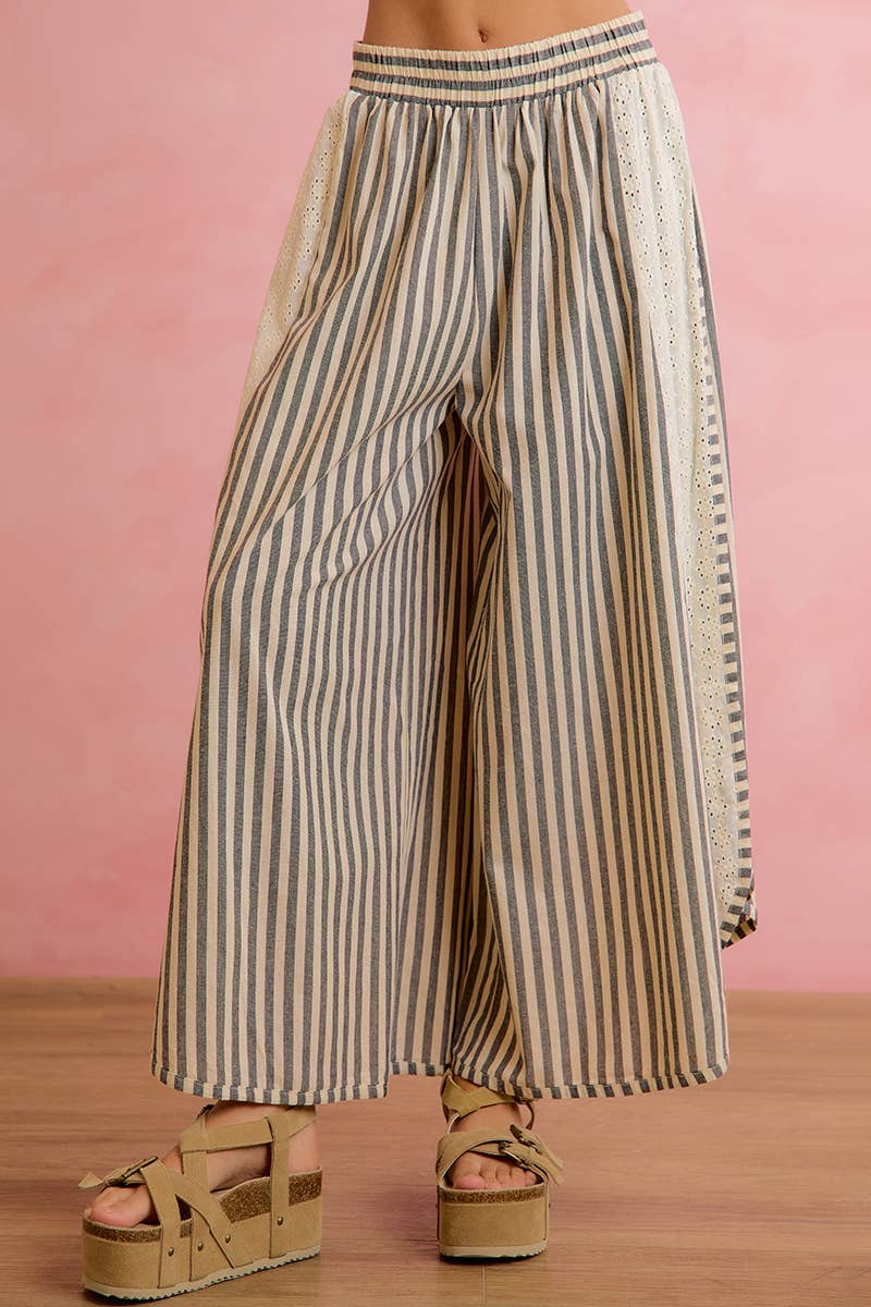 FLORAL EYELET SIDE STRIPED WIDE LEG PANT