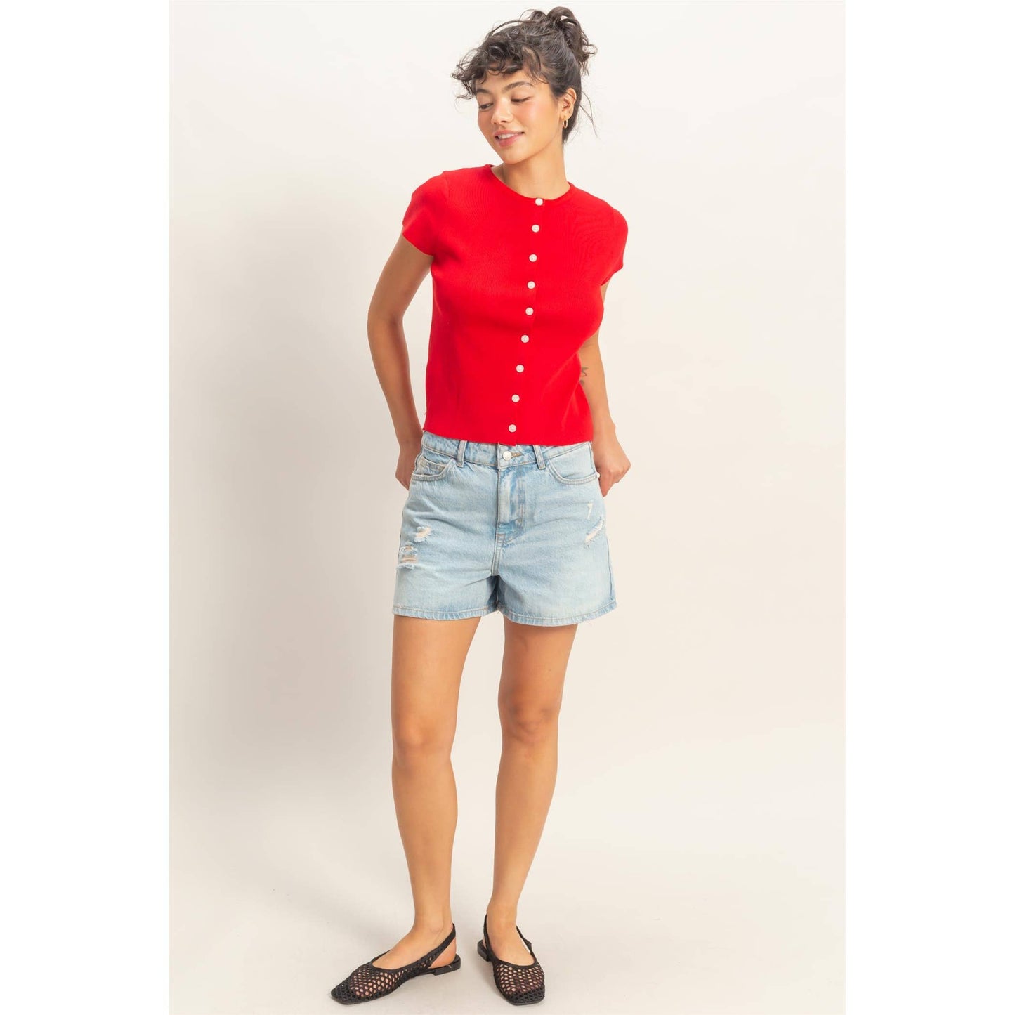 Button Front Short Sleeve Knit Top