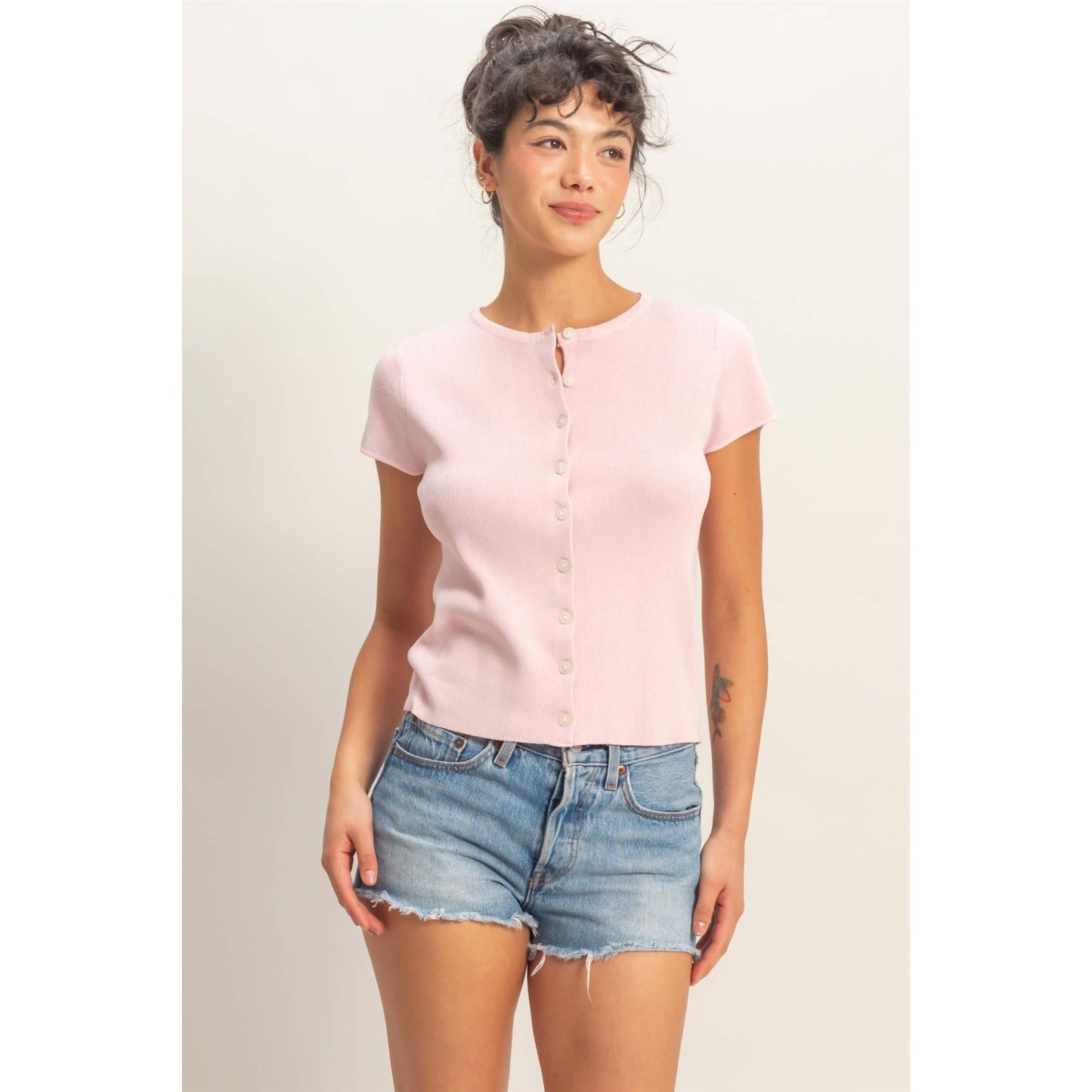 Button Front Short Sleeve Knit Top