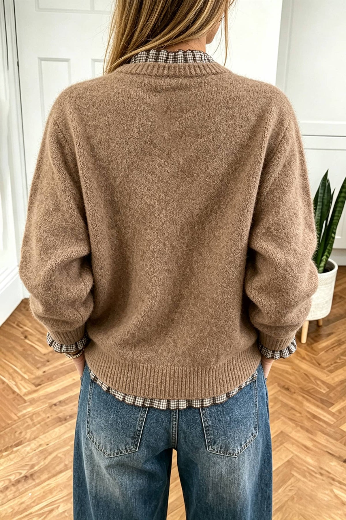 Contrast Plaid Ruffle Trim Sweater