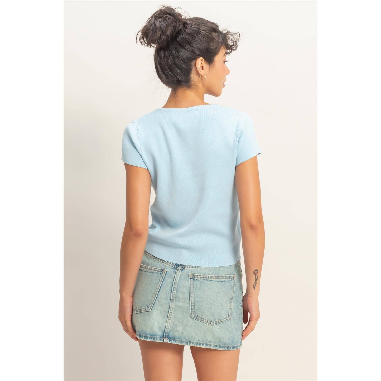 Button Front Short Sleeve Knit Top