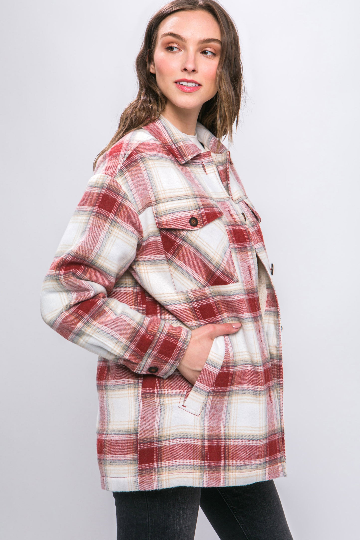 TERRA COTTA-Plaid Button Up Jacket with Sherpa Lining