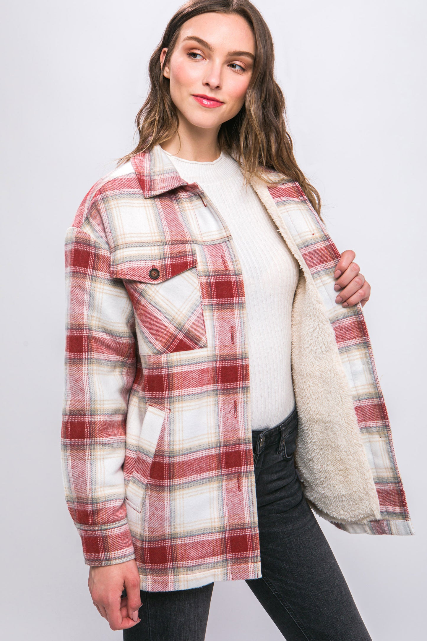 TERRA COTTA-Plaid Button Up Jacket with Sherpa Lining