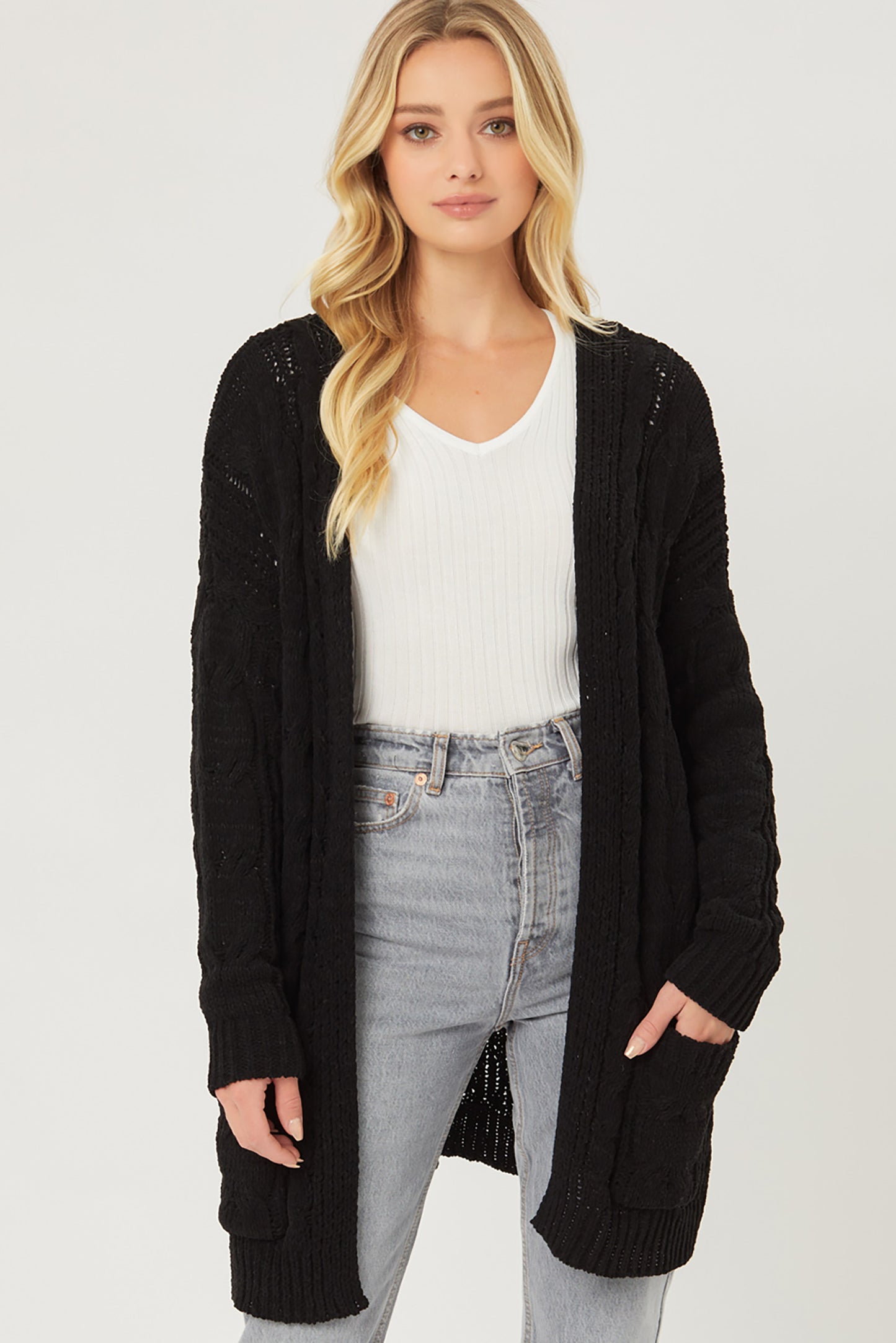 BLACK- Chenille Cable Knit Oversized Cardigan