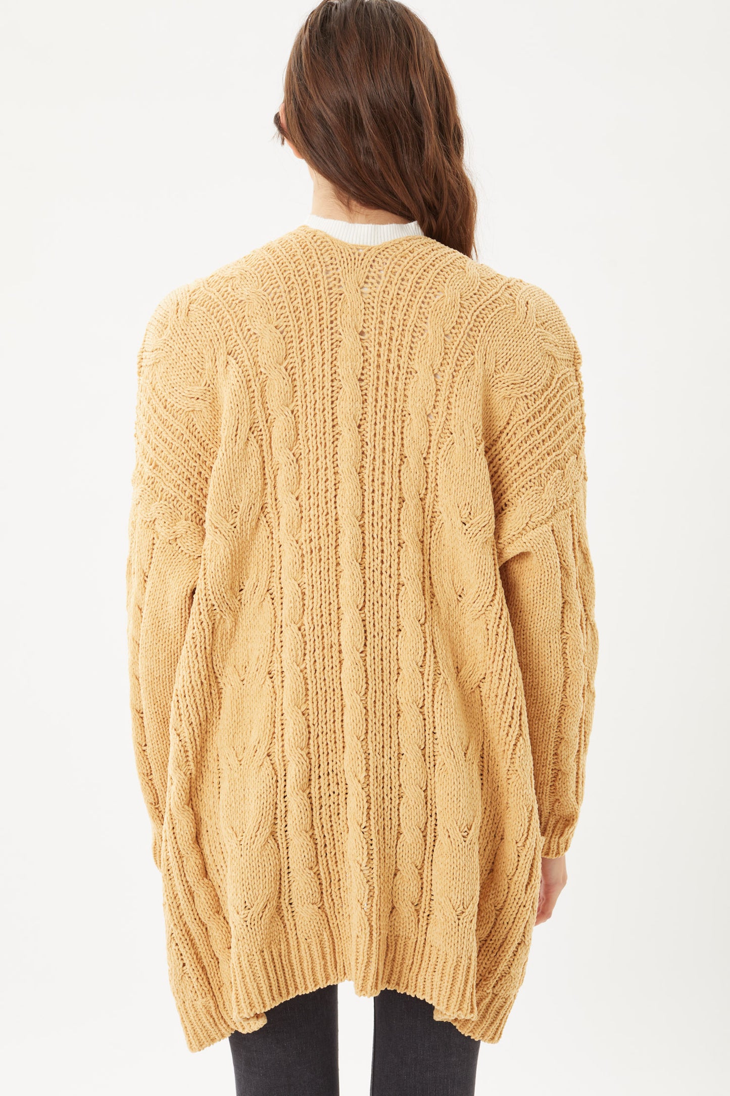 Chenille Cable Knit Oversized Open Front Cardigan- HONEY