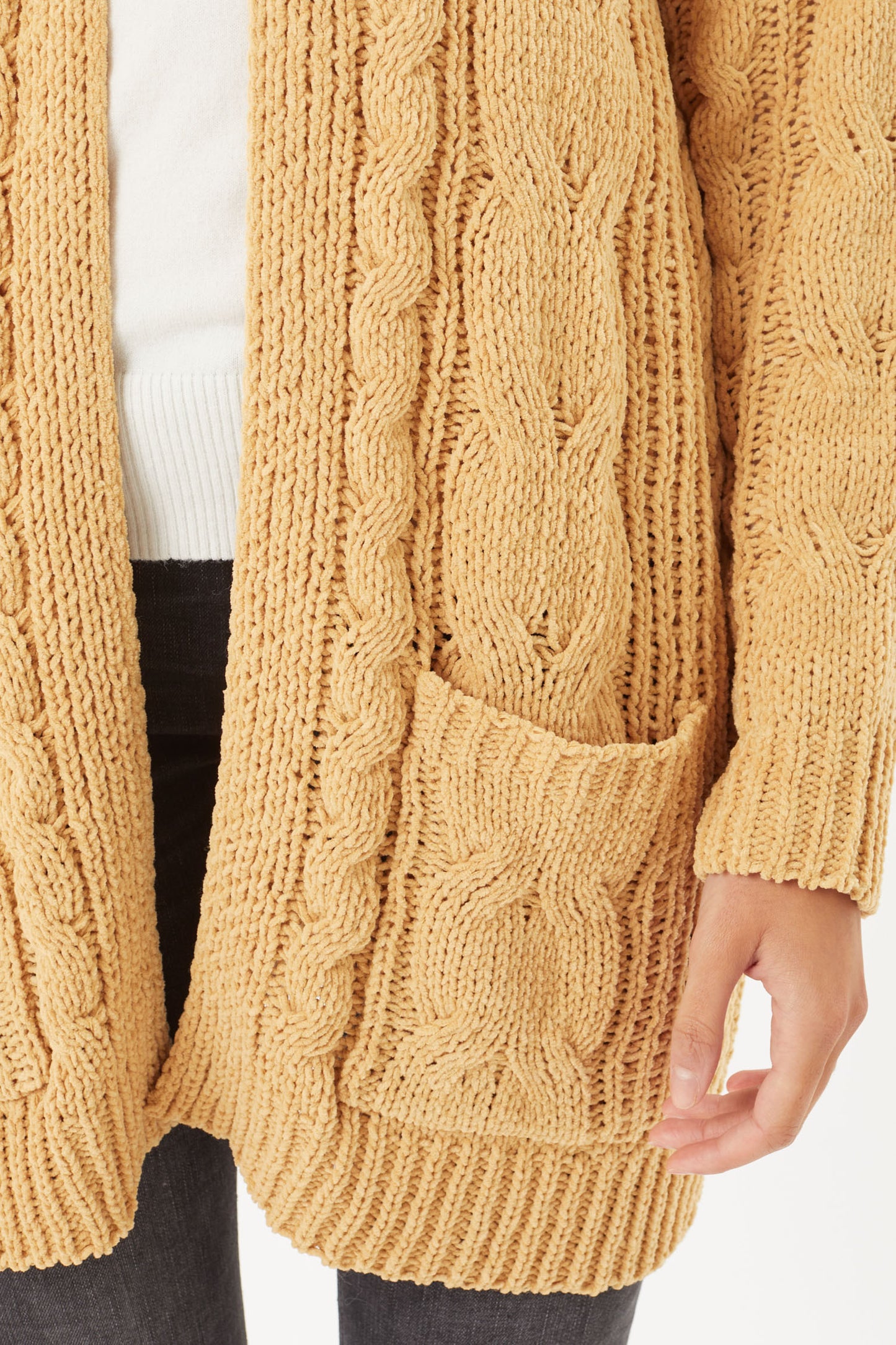 Chenille Cable Knit Oversized Open Front Cardigan- HONEY