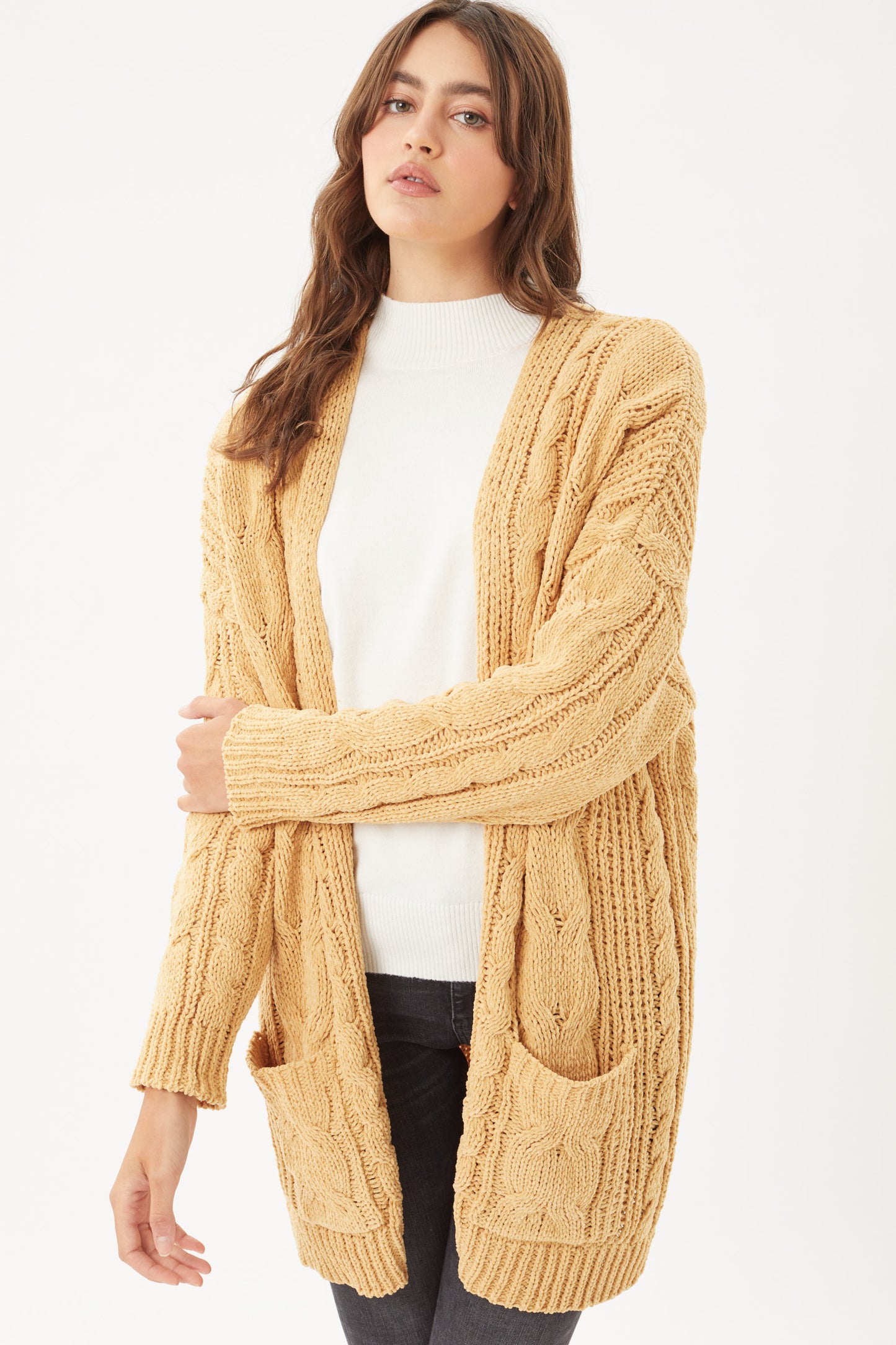 Chenille Cable Knit Oversized Open Front Cardigan- HONEY