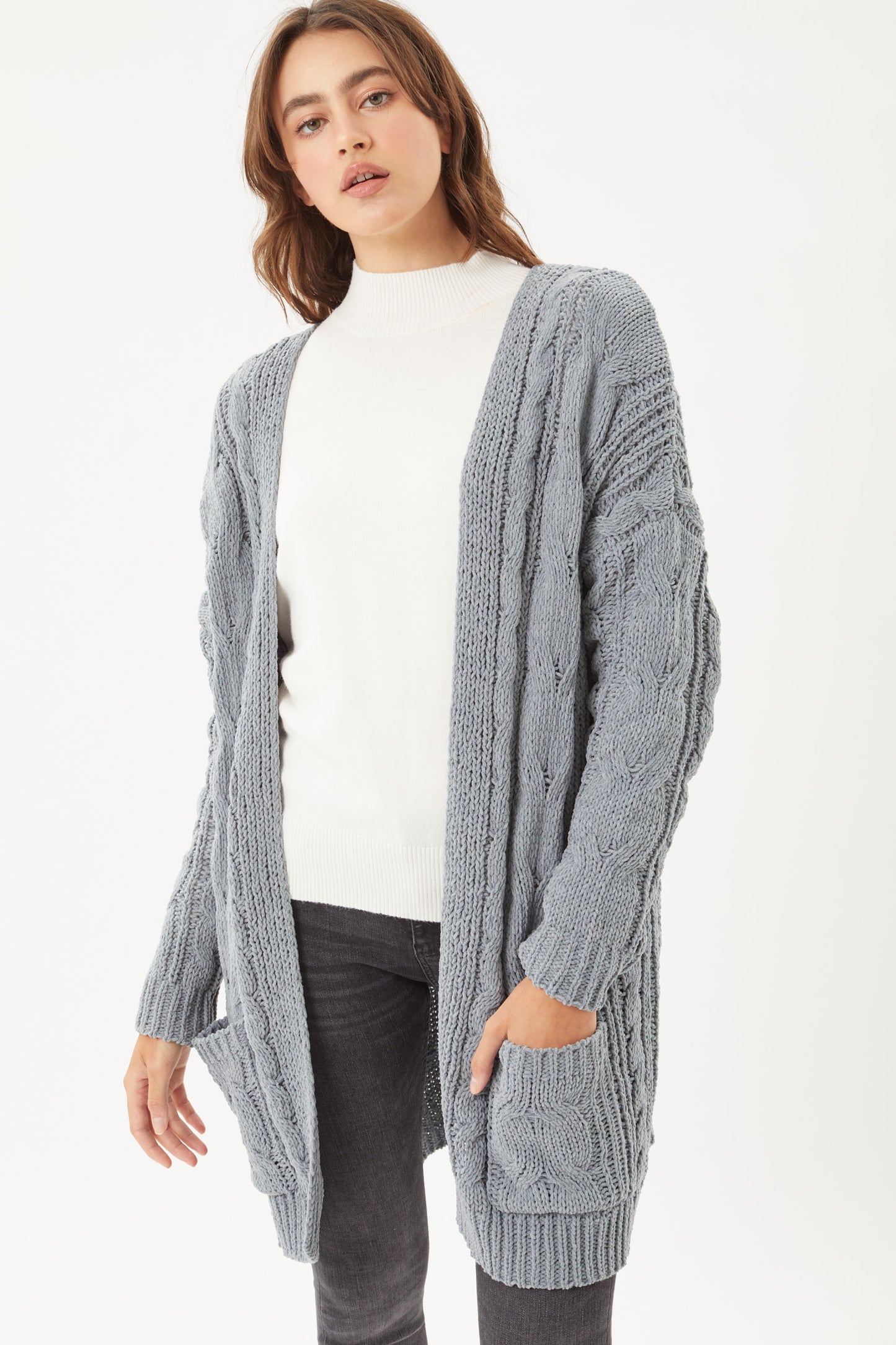 Chenille Cable Knit Oversized Cardigan - Steel Blue
