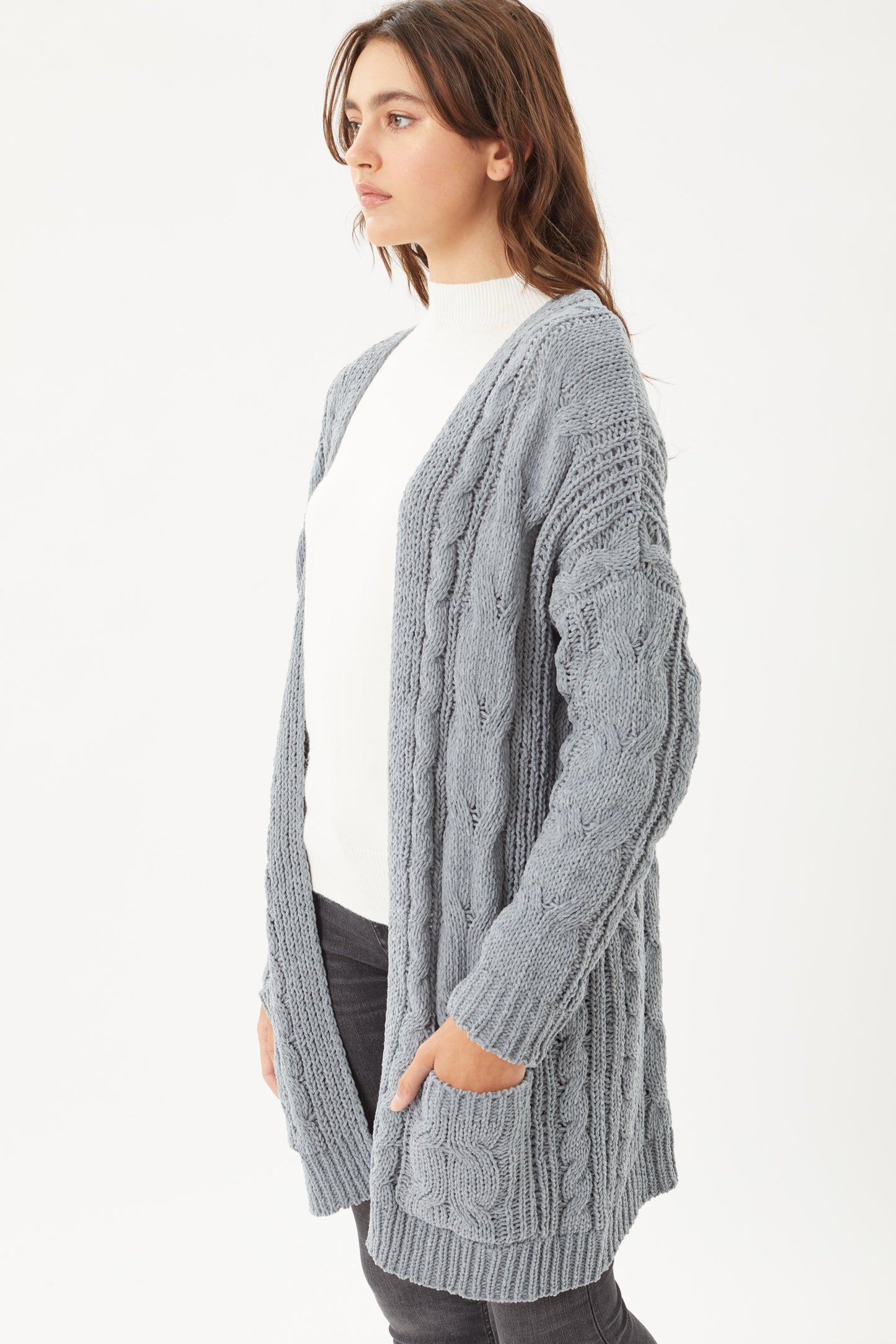 STEEL BLUE-Chenille Cable Knit Oversized Cardigan