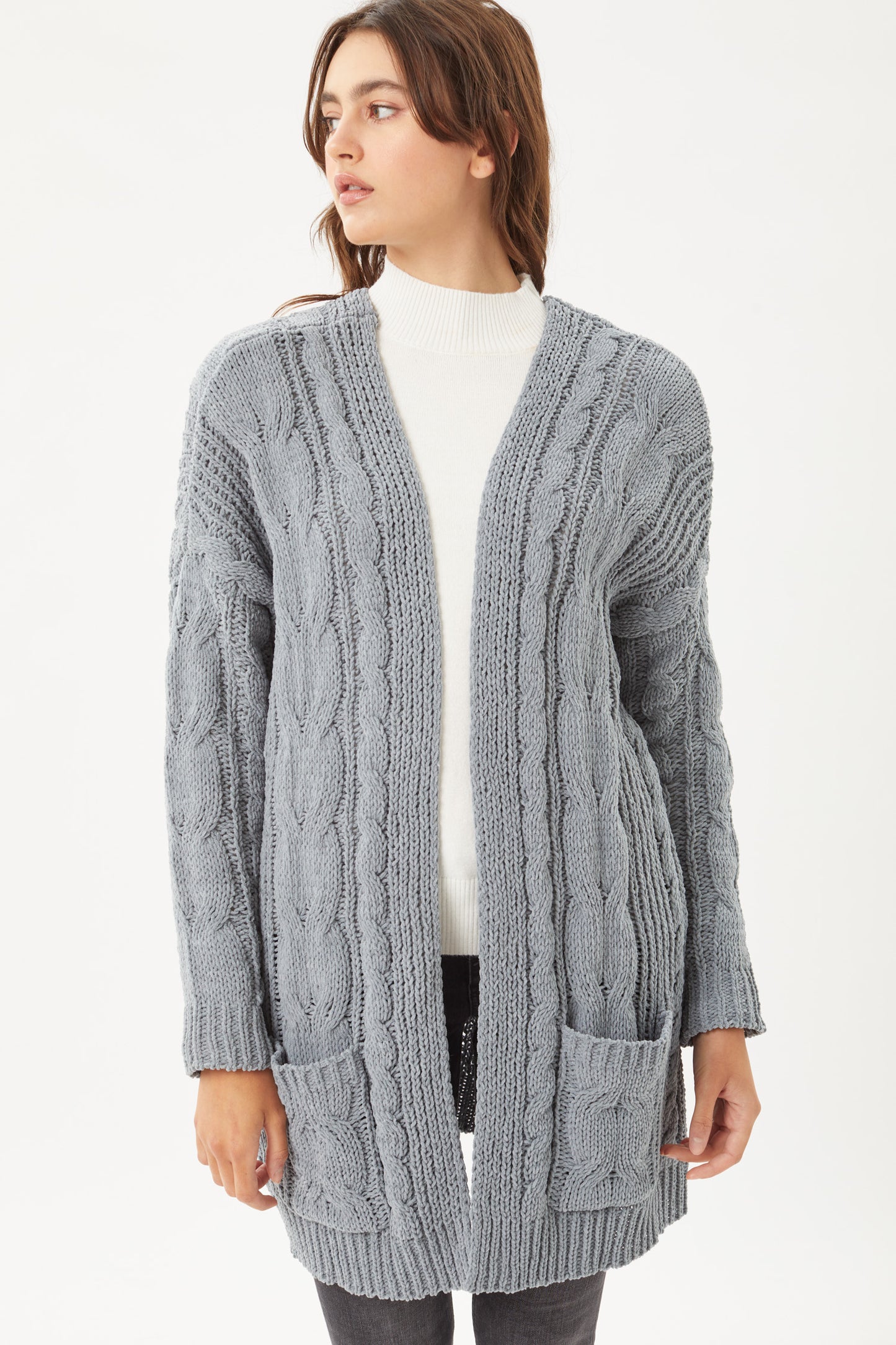 STEEL BLUE-Chenille Cable Knit Oversized Cardigan