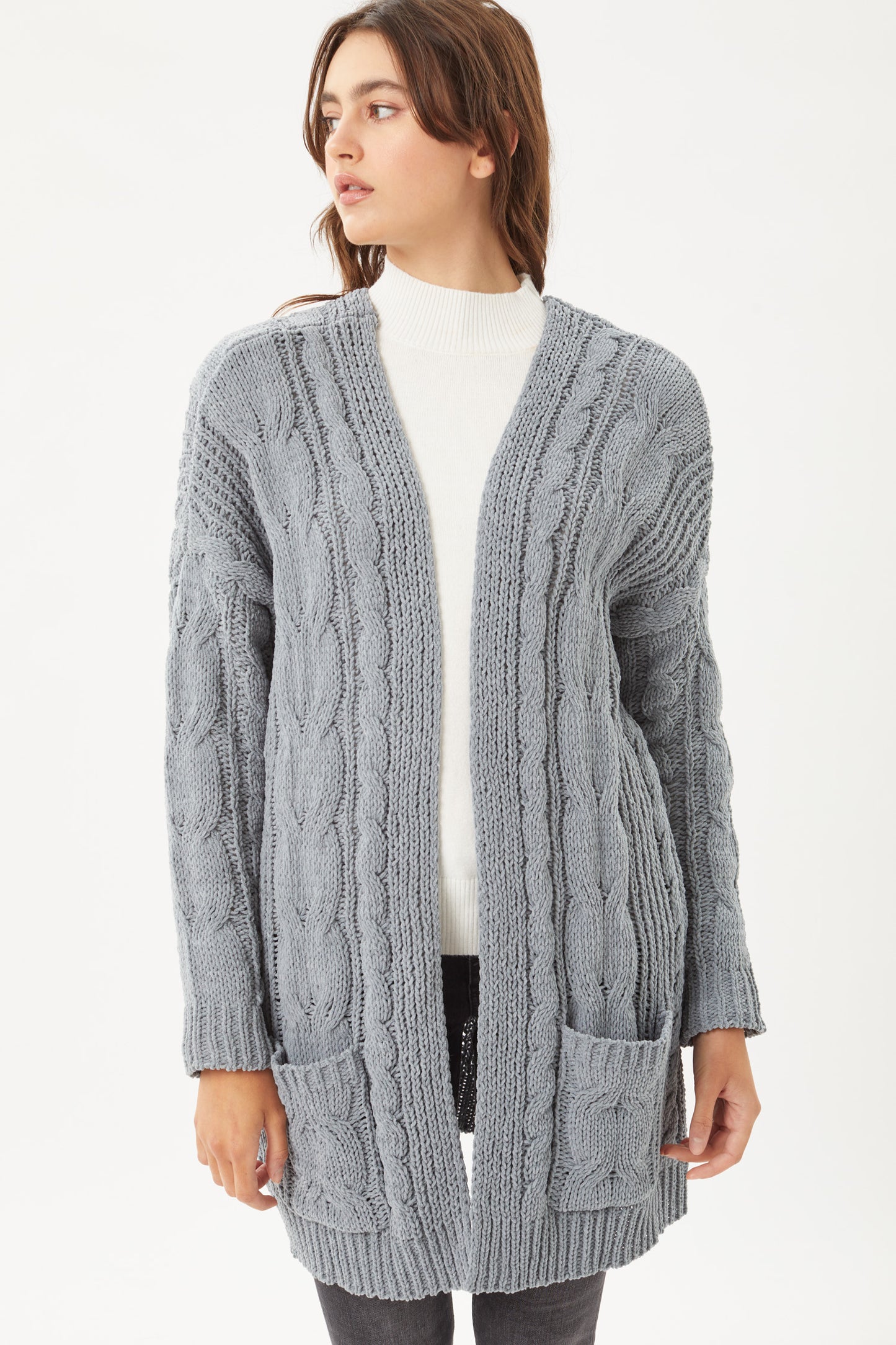Chenille Cable Knit Oversized Cardigan - Steel Blue