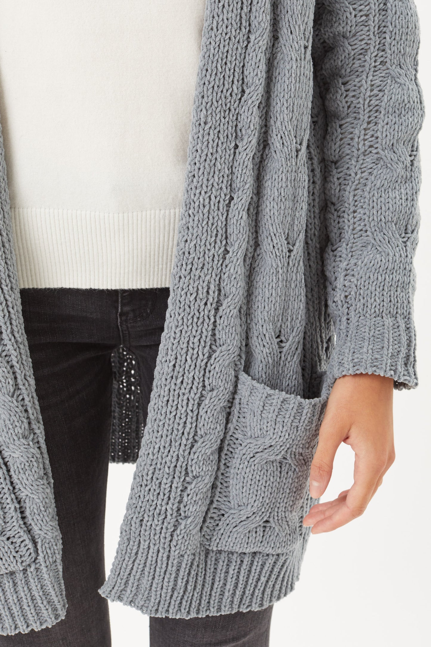 STEEL BLUE-Chenille Cable Knit Oversized Cardigan